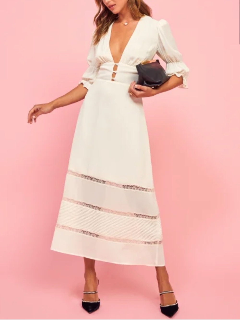 Reformation Ginny Midi Dress Lace Trim Inset Sz 6 Cocktail Wedding Bridal - Picture 9 of 16